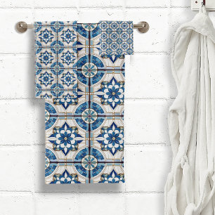  Marokkaanse Tegel Patroon#4 Blauw Wit ID1078 Bad Handdoek