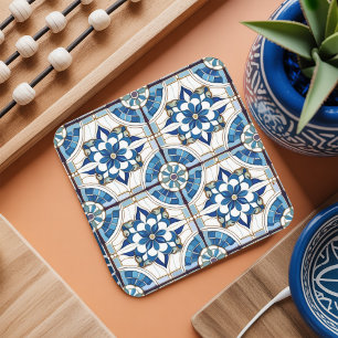 Marokkaanse Tegel Patroon#4 Blauw Wit ID1078 Kartonnen Onderzetters