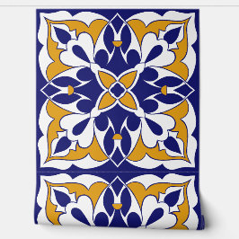 Marokkaanse Tegel Patroon Blauw Geel Gevormde Bohe Behang