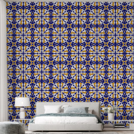 Marokkaanse Tegel Patroon Blauw Geel Gevormde Bohe Behang