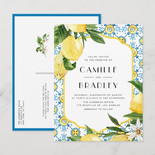 Marokkaanse Tegel Patroon en Citroenen QR Code Tro Uitnodiging Briefkaart (Voorkant / Achterkant)