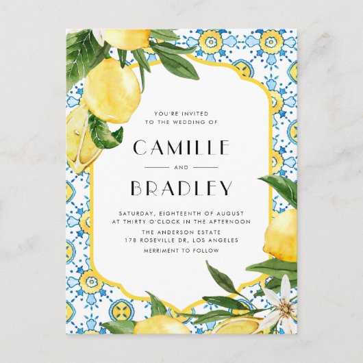 Marokkaanse Tegel Patroon en Citroenen QR Code Tro Uitnodiging Briefkaart (Voorkant)