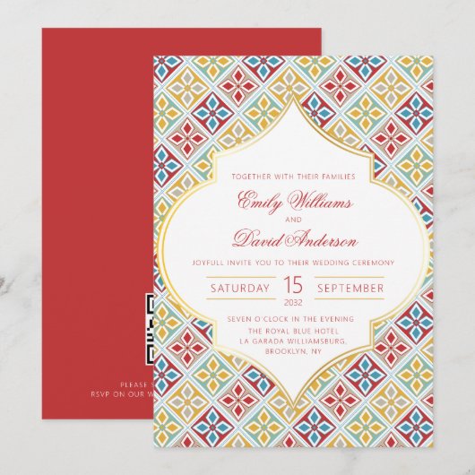Marokkaanse Tegel Patroon Rode QR bruiloft uitnodi Kaart (Voorkant / Achterkant)