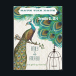 Marokkaanse Tegel Peacock Vogelkooi Save the Date Aankondigingskaart<br><div class="desc">Peacock op een boomtak met een lading veren op een Marokkaanse tegel met een witte vogelkooi en blauwgroen harten en speelbiljetten - zie meer vredestichters Peacock Wedding Invitations Art Nouveau Peacock Bird Parade Wedding - zie meer vogelproducten Paisley Peacock Colors of Fuors chsia and Limoen Paisley Wedding Invitation - Paisley...</div>