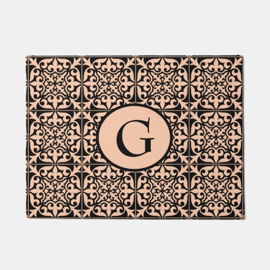Marokkaanse tegel, perzik en zwart, met monogram deurmat (Voorkant)