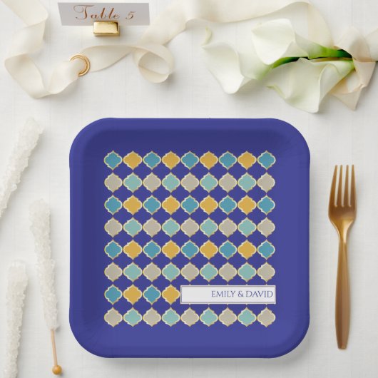 Marokkaanse Tegel Royal Blue Golden Arab bruiloft Papieren Bordje (Huwelijk)