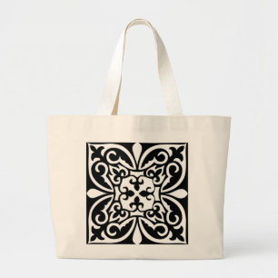 Marokkaanse tegel - zwart met witte achtergrond grote tote bag
