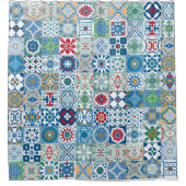 Marokkaanse tegels - blauw en rood douchegordijn (Voorkant)