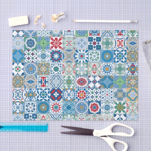 Marokkaanse tegels - blauw en rood tissuepapier (Craft)