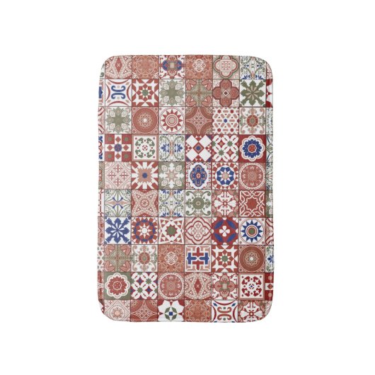 Marokkaanse tegels - Bourgogne en blauw Badmat (Voorkant Verticaal)