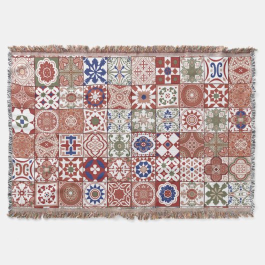 Marokkaanse tegels - Bourgogne en blauw Deken (Voorkant)