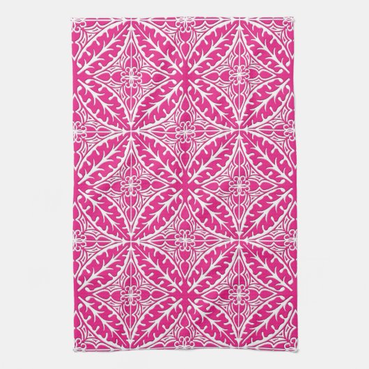 Marokkaanse tegels - fuchsia roze en wit theedoek (Verticaal)