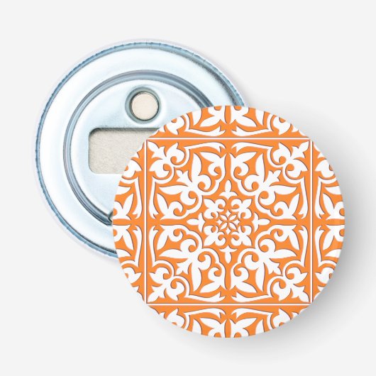 Marokkaanse tegels - koraal sinaasappel en wit button flesopener (Voorkant)