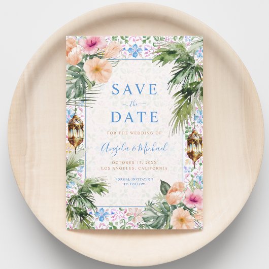Marokkaanse Tegels Palm Tree & Tropical Floral Wed Save The Date