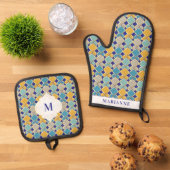 Marokkaanse Tegels Royal Blue Golden Custom Ovenwant & Pannenlap Set (Top down)
