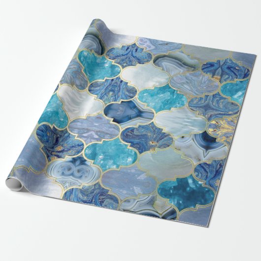 Marokkaanse trellis Blue Mineral Textures Cadeaupapier (Uitgerold)