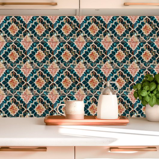 Marokkaanse Zellige diep Blauwgroen en koraal Tegeltje