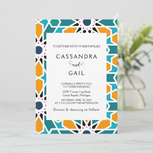 Marokkaanse Zellij bruiloft uitnodiging (Staand voorkant)