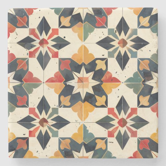 Marokkaanse Zellij Rood Geel en Groen Stenen Onderzetter (Voorkant)