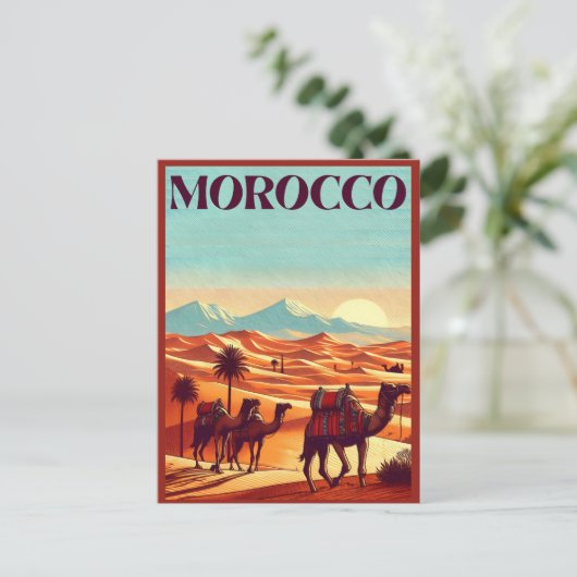 Marokko Reizen briefkaart met kamelen in woestijn  (Staand voorkant)