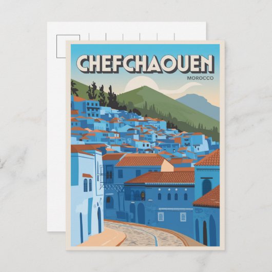 Marokko Travel briefkaart chefchaoun, blauw stadsc (Voorkant / Achterkant)