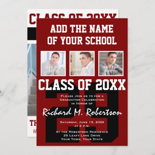 Maron and White Varsity Team Number Athlete Afstud Kaart (Voorkant / Achterkant)