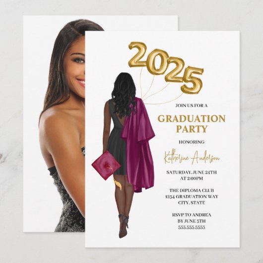 Maroon Afro-Amerikaans Vrouw Foto Afstuderen Kaart (Voorkant / Achterkant)