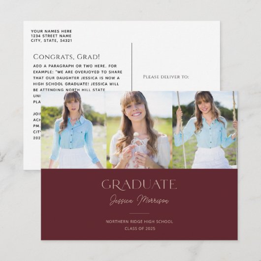 Maroon Afstuderen Calligrafie Multi-Photo Afstuder Briefkaart (Voorkant / Achterkant)