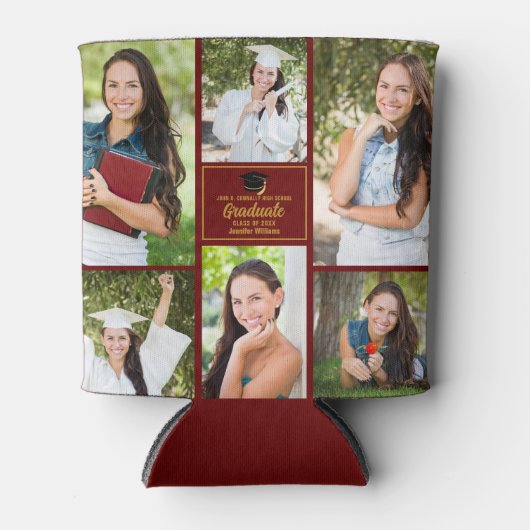 Maroon Afstuderen Foto Collage Graduation Party Blikjeskoeler (Voorkant)