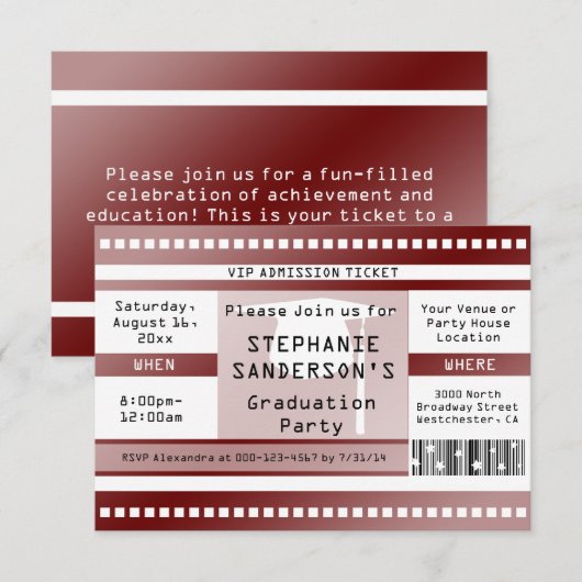 Maroon Afstuderen of Party Admission Ticket Kaart (Voorkant / Achterkant)