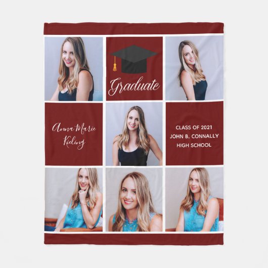 Maroon Afstuderen Senior Portret Fotocollage Fleece Deken (Voorkant)