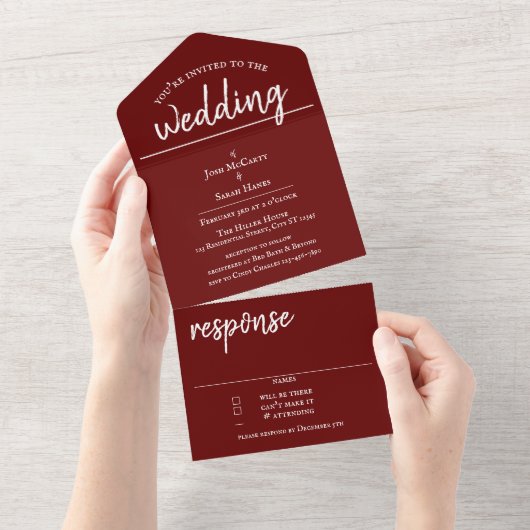 Maroon All in One Wedding Invite Uitnodiging (Afscheurbaar)