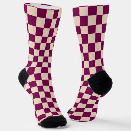 Maroon and beige checkerboard pattern sokken