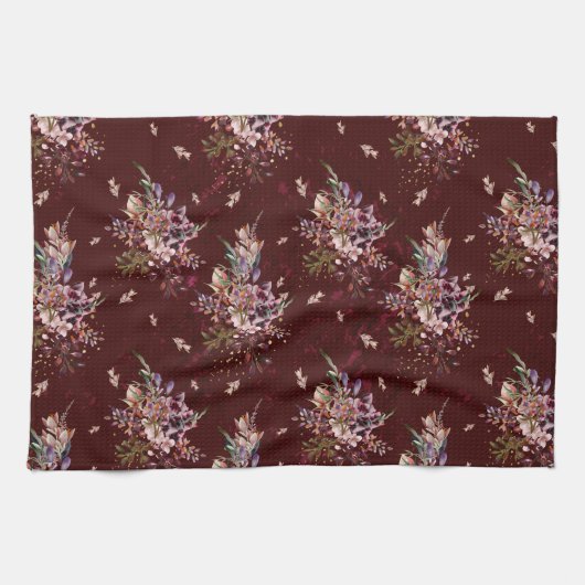 Maroon Autumn Herfst Floral Kitchen Towel Theedoek (Horizontaal)