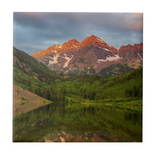 Maroon Bells reflecteert in Calm Maroon Lake 3 Tegeltje (Voorkant)