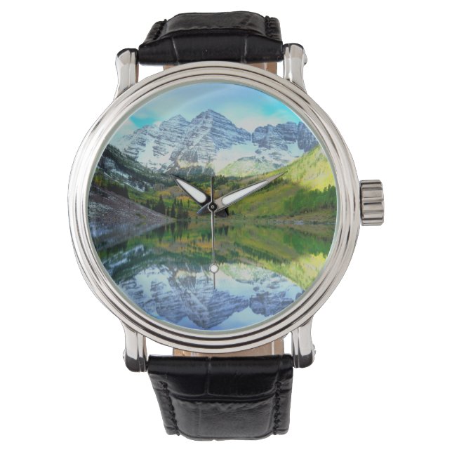 Maroon Bells reflecterend in Maroon Lake Horloge (Voorkant)