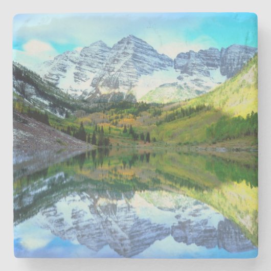 Maroon Bells reflecterend in Maroon Lake Stenen Onderzetter (Voorkant)