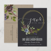 MAROON BLACK BLOOM FOLIAGE WREATH BEWAREN DE DATUM AANKONDIGINGSKAART (Voorkant / Achterkant)