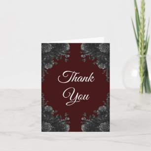 Maroon Black Elegant Bloemen Huwelijk Bedankkaart