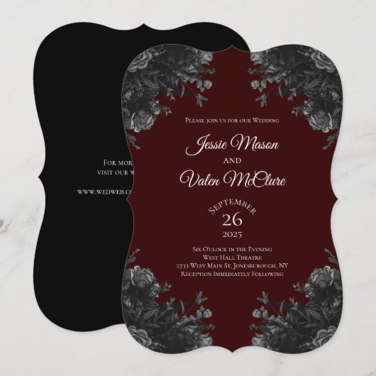 Maroon Black Grey Rozen Gothic Elegant Wedding Kaart (Voorkant / Achterkant)