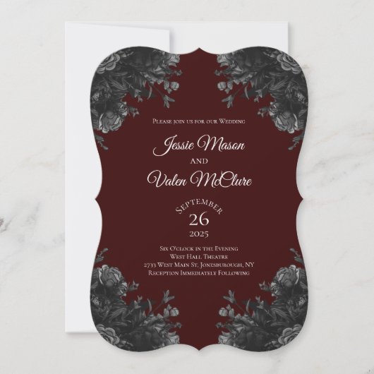 Maroon Black Grey Rozen Gothic Elegant Wedding Kaart (Voorkant)