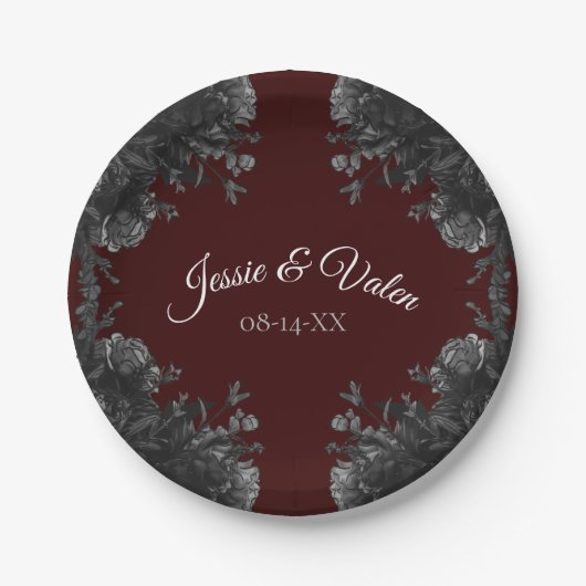Maroon Black Grey Rozen Gothic Wedding Papieren Bordje (Voorkant)
