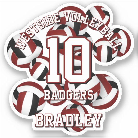 Maroon Black Team Kleuren Volleyballen kinder naam Sticker (Voorkant)