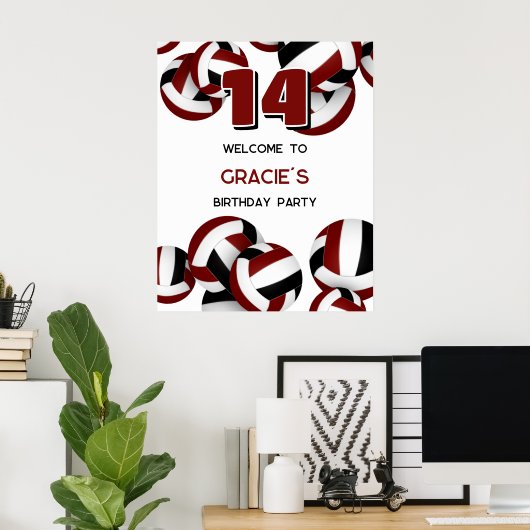 Maroon Black Volleyballs verjaardagsfeestje welkom Poster (Thuiskantoor)