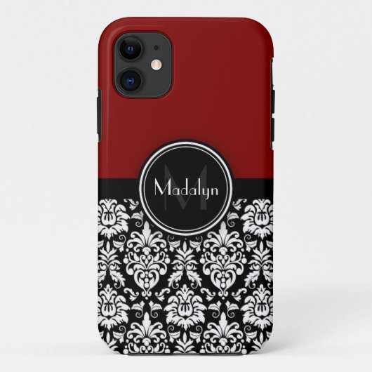 Maroon Black White Damask Monogram Letter Case-Mate iPhone Case (Achterkant)