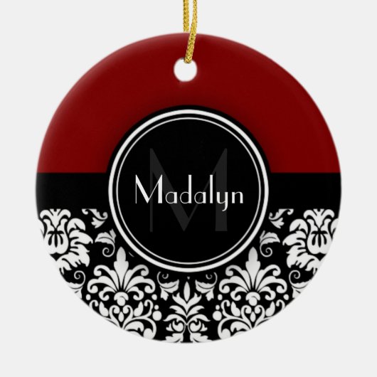 Maroon Black White Damask Monogram Letter Keramisch Ornament (Voorkant)