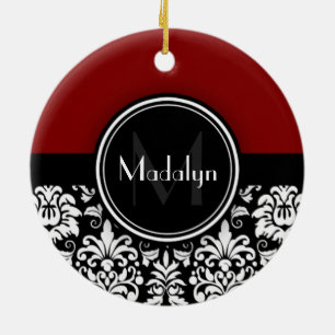 Maroon Black White Damask Monogram Letter Keramisch Ornament