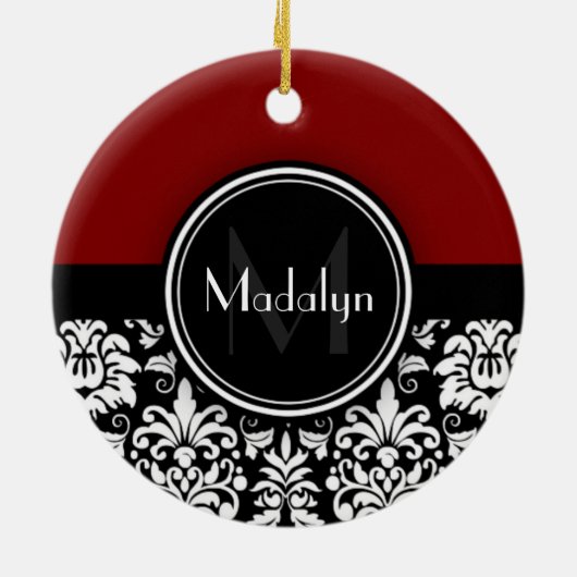 Maroon Black White Damask Monogram Letter Keramisch Ornament (Achterkant)