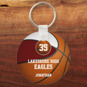 Maroon blanke school kleuren basketbalteam jongens sleutelhanger (Voorkant)