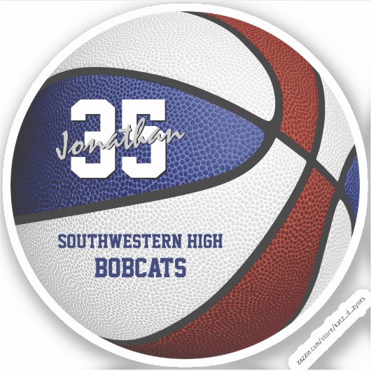 Maroon blauw basketbal team kleuren gepersonalisee sticker (Voorkant)